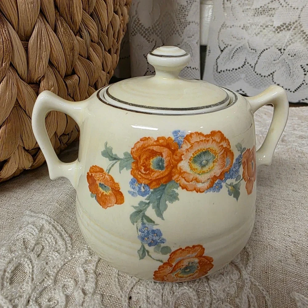Hall's Vintage Poppy Floral Lidded Sugar Bowl Cream Orange - Picture 1 of 6